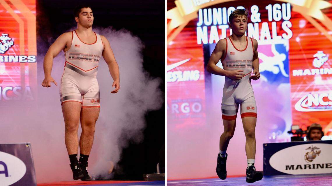 Borah’s Aden Attao, left, and Blackfoot’s Mack Mauger both completed a triple crown by winning junior freestyle and Greco-Roman national titles last week in Fargo, North Dakota.