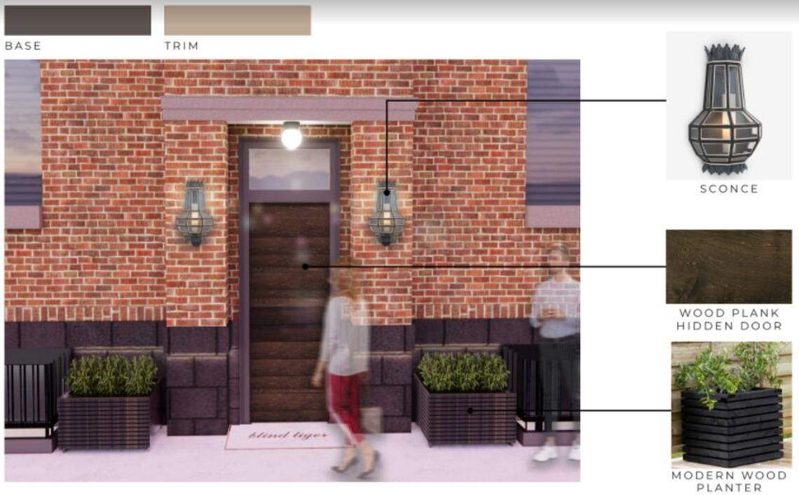 A rendering depicts the proposed updated exterior of 620 W. Idaho St. If approved, it would have new colors, light fixtures and outdoor decor.