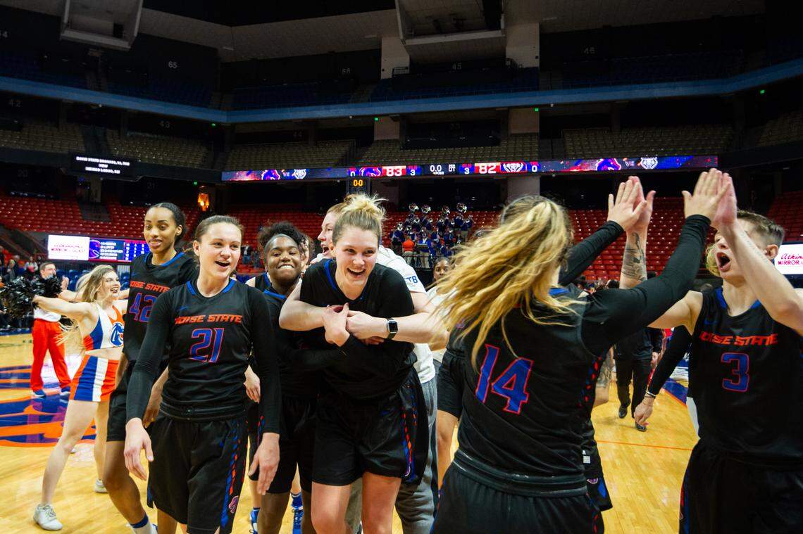 Mallory McGwire, middle, celebrates with her teammates after making the game-winning shot against New Mexico earlier this season.