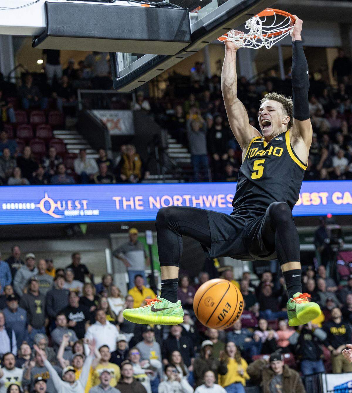 Idaho guard Isaiah Brickner throws down a slam dunk late in the game against Montana in the Big Sky men's basketball basketball championship at Idaho Central Arena in downtown Boise, Wednesday, March 11, 2026.