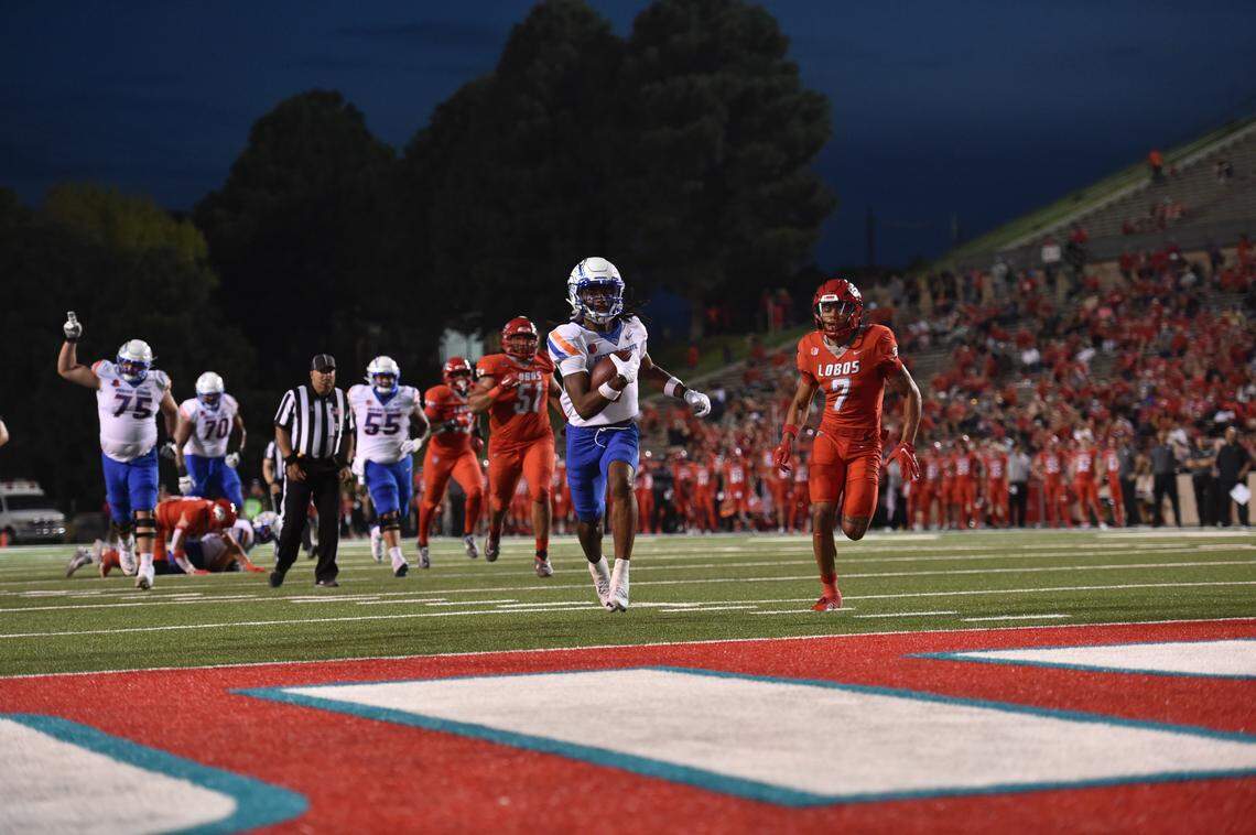 Latrell Caples cruises into the end zone to score the first touchdown of Friday night’s win at New Mexico. Caples finished with two TDs.
