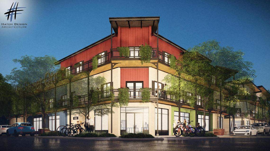 Ball proposed two three-story buildings, shown in this rendering, in a New Orleans-inspired development called the 34th Street Quarter.