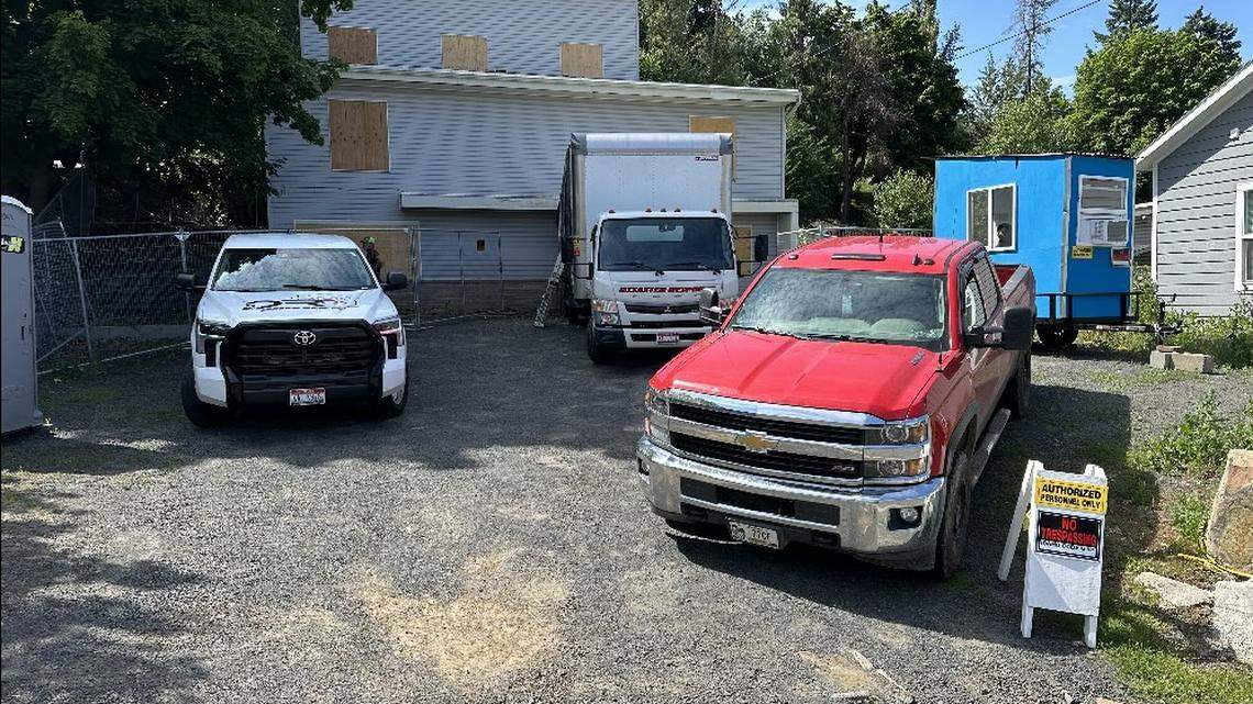 In this June 28 photo, crews begin work to demolish the off-campus King Road home where four University of Idaho students were killed in November 2022, in Moscow.