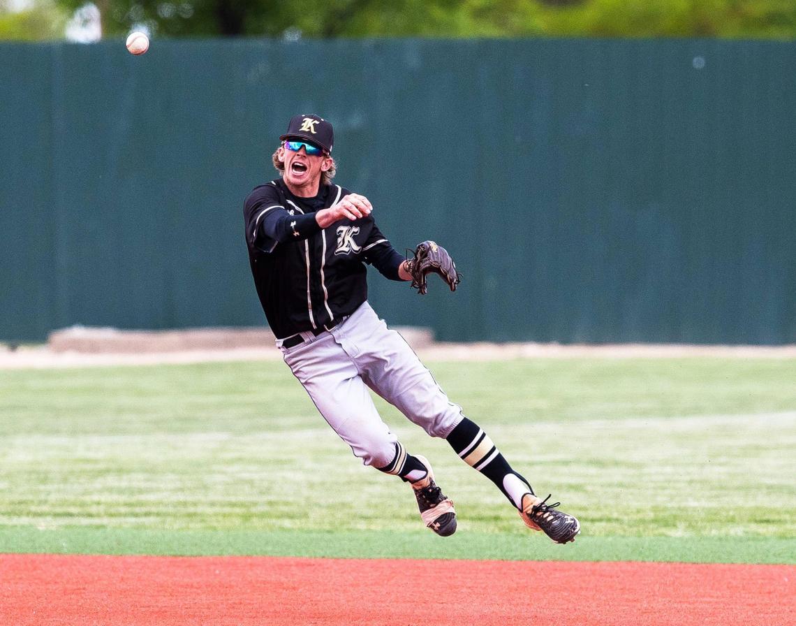 Kuna shortstop Zac Rackham throws to first base on the run Thursday at Wolfe Field in Caldwell.