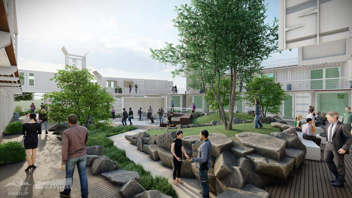 The micro-commercial spaces would be positioned around a central courtyard, according to architectural renderings.