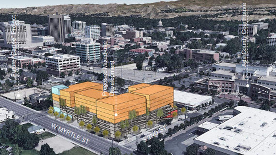 River Caddis Development Corp. plans to build an eight-story, mixed-use building at 2nd and Myrtle streets. The site is across the street from George’s Cycles and a block south of the Ada County Courthouse. Winco Foods is to the east.