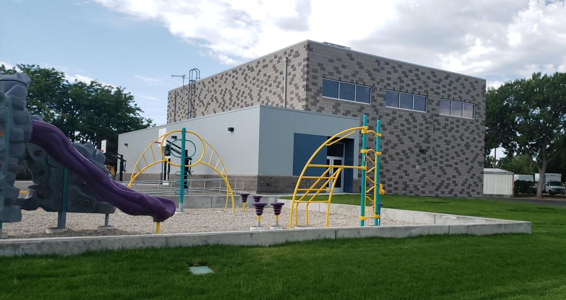 A combination gymnasium and cafeteria was added to Taft Elementary School. A new playground, in foreground, was also built at the school off West State and 36th streets.