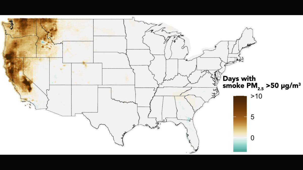 A graphic created by a team of Stanford University researchers shows how the number of extreme wildfire smoke pollution days – when air is considered unhealthy for the general population – has increased in the West since 2006.