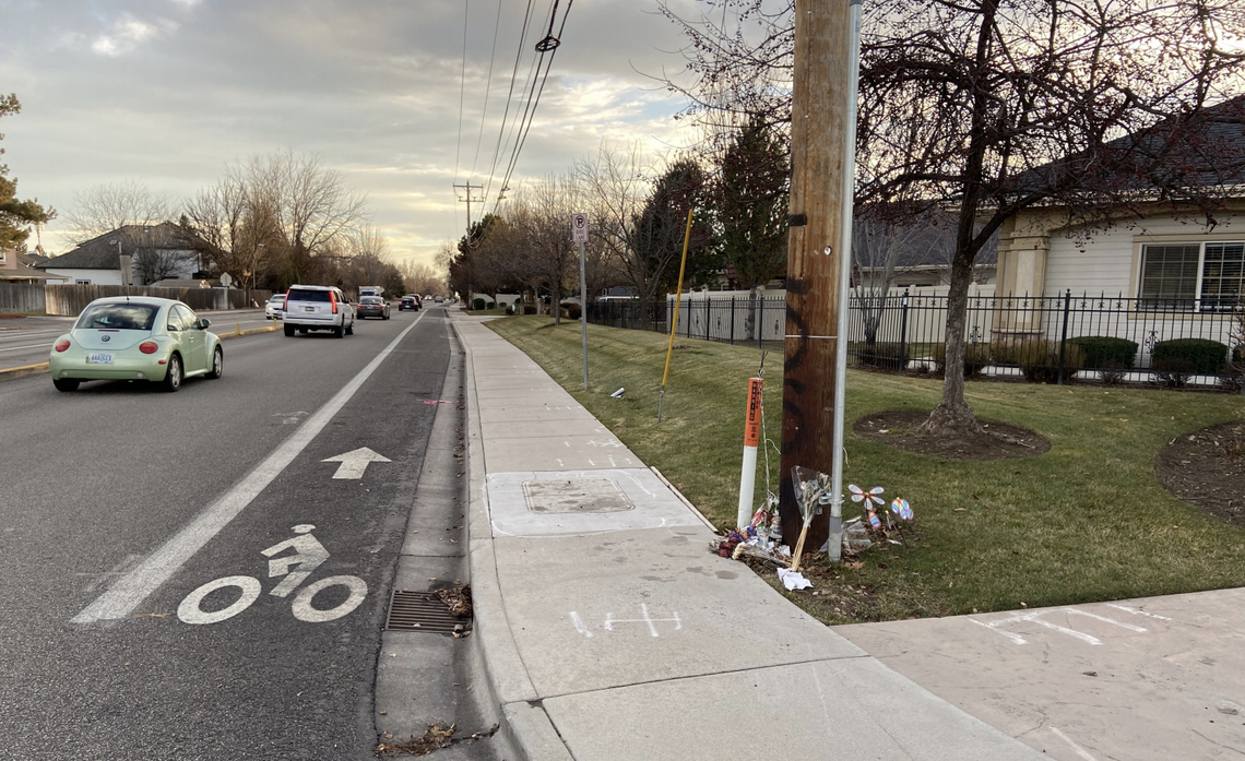 This photo of the Five Mile and McMillan intersection was included in an Ada County Highway District email discussion about the placement of a memorial sign for Devyn Schultz. A makeshift memorial can be seen at the base of the utility pole, which is spraypainted “LLDS” – “long live Devyn Schultz.”