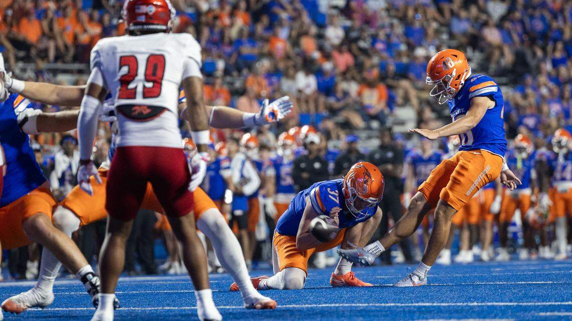 Boise State kicker Canaan Moore misses a field goal attempt against Eastern Washington in the home opener at Albertsons Stadium in September.