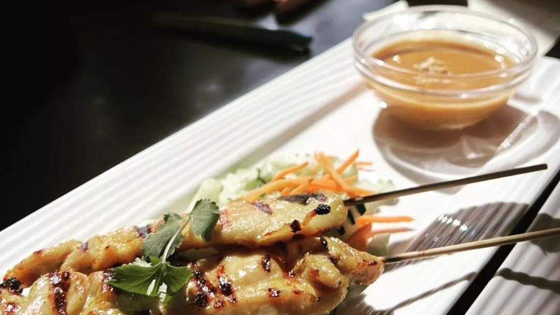 One of the starters on the menu is Chicken Satay ($11.95), chicken marinated in coconut milk, seasoned with salt, palm sugar and tumeric, and grilled. You dip it in peanut sauce.