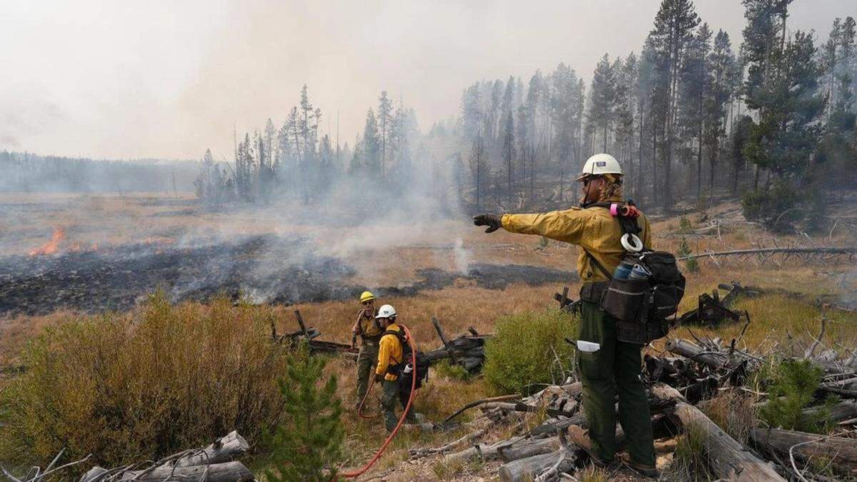 Firefighters work to combat the Wapiti wildfire west of Stanley.