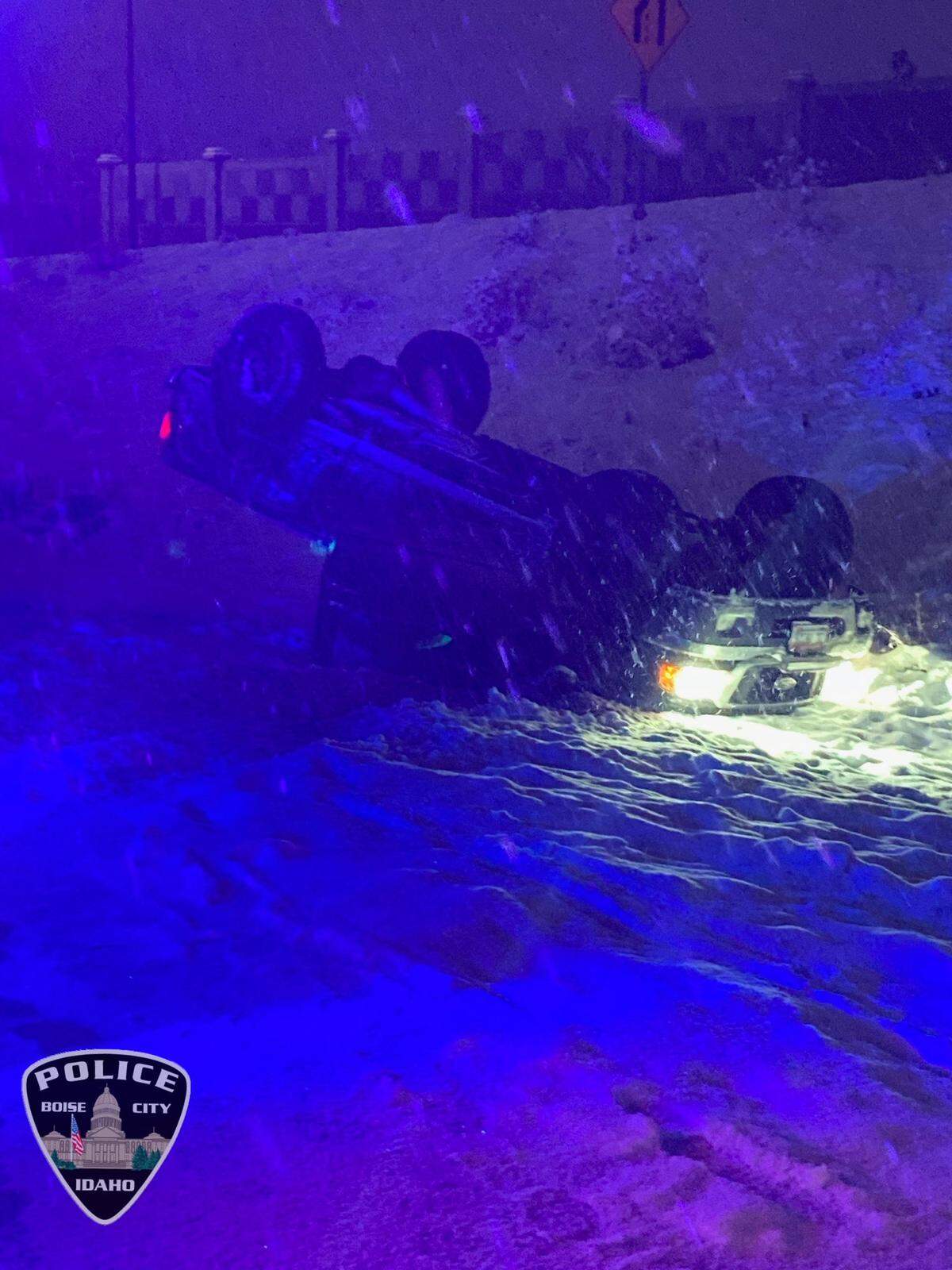 An overturned truck on Interstate 84 in Boise on Friday night. “Drivers are reminded to slow down and buckle up,” Boise police said in a tweet.