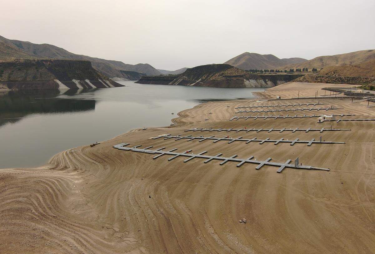 Low precipitation and a hot summer in 2021 led to low water conditions at many reservoirs, including Lucky Peak northeast of Boise.