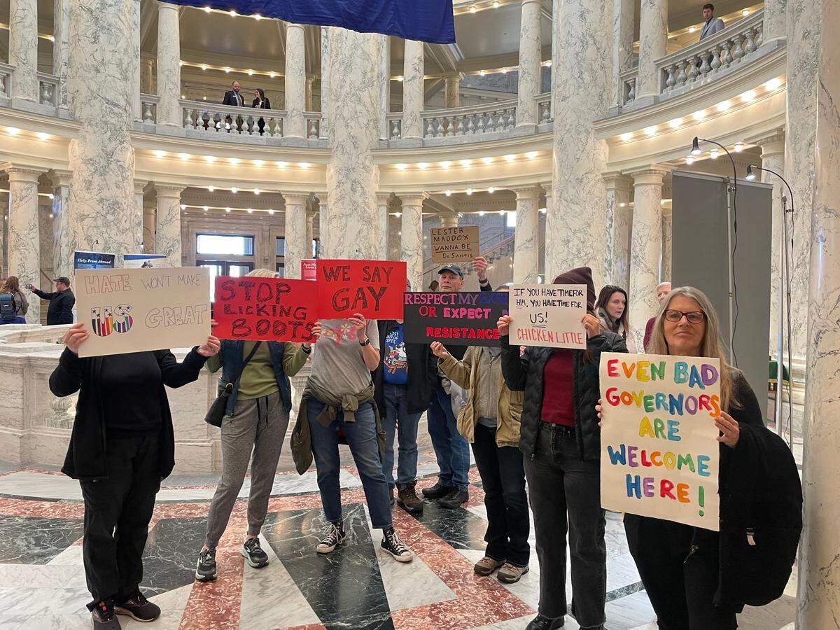 Protesters gathered outside the office of Idaho Gov. Brad Little on Monday, as Little held a joint press conference with Florida Gov. Ron DeSantis. Protester Chris Ross, not pictured, told the Idaho Statesman that he was “very frustrated that our representatives aren’t listening to us on any level.”