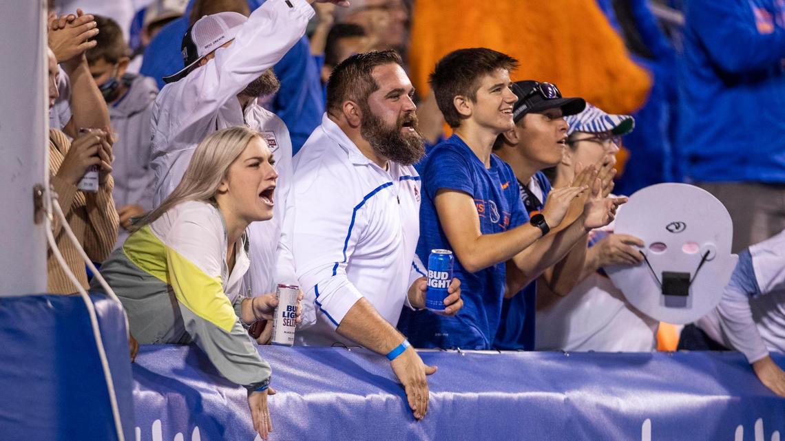 Boise State fans cheer on the Broncos in the home opener against UTEP on Friday night at Albertsons Stadium, where having a beer or seltzer in hand is now perfectly OK.