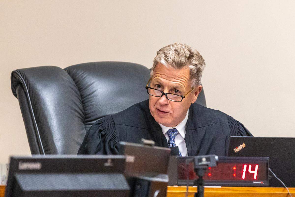 Judge John Judge of Idaho’s 2nd Judicial District in Latah County oversees a pretrial hearing for University of Idaho student murder suspect Bryan Kohberger last week in Moscow.