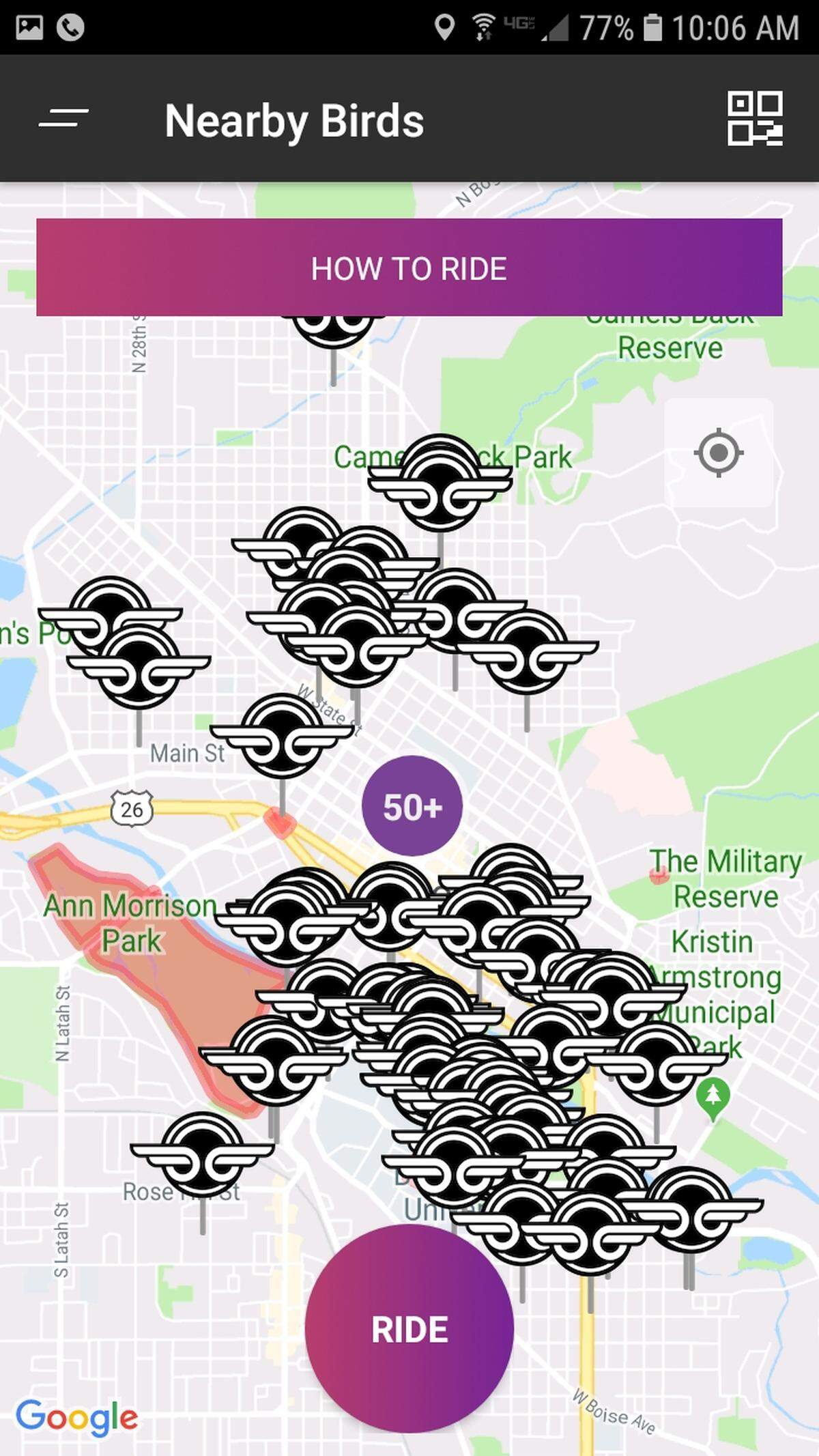 The app for Bird showed more than 100 e-scooters available in Boise about 10 a.m. on Tuesday. Areas shaded in red, such as Ann Morrison and Kathryn Albertson parks seen here, are places where customers aren’t supposed to park their scooters.