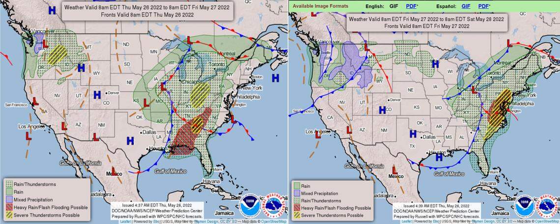The map on the left shows the weather pattern on Thursday with a low-pressure system hanging over Washington. The map on the right shows the system moving eastward over Idaho and bringing rain to the region through the weekend.