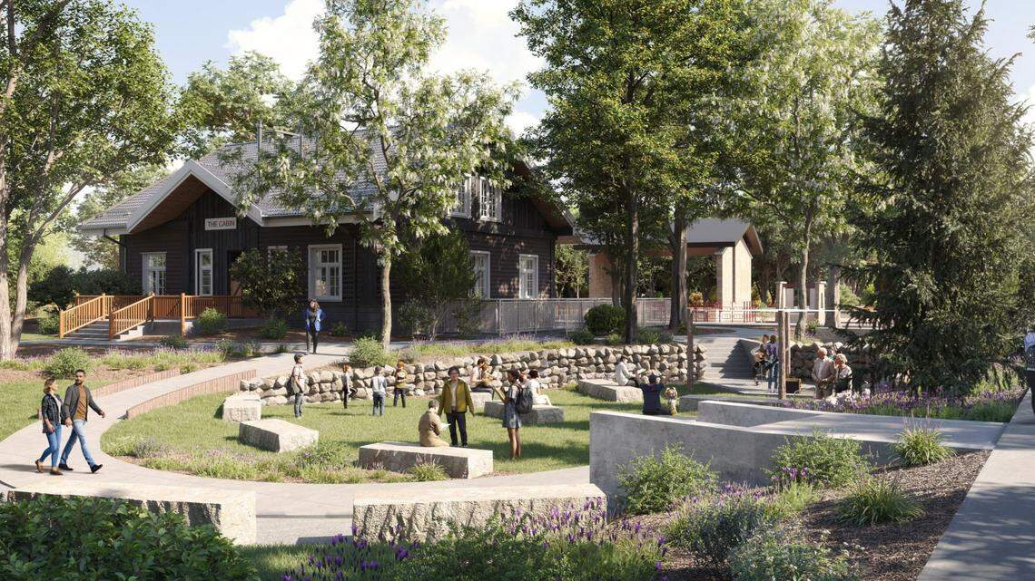 This rendering shows the future amphitheater looking west, towards the Boise River Greenbelt. The Anne Frank Human Rights Memorial is out of frame at right.