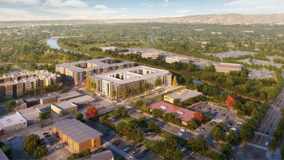 An architect’s aerial rendering of the Uncommon Boise student-apartment building (center of image) planned by Chicago developer CA Ventures at 917 S. Lusk St.