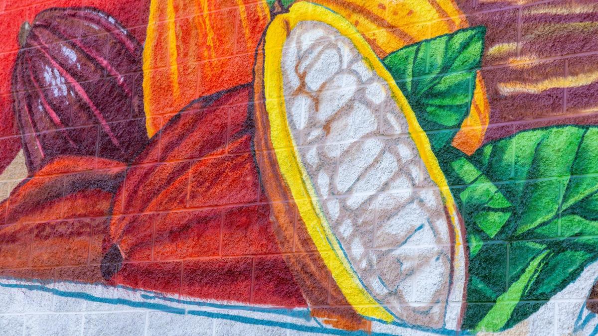 Artist Bobby Gaytan is creating a mural at Boise Co-op’s Meridian location. The artwork depicts two siblings who are cacao farmers in the Dominican Republic.