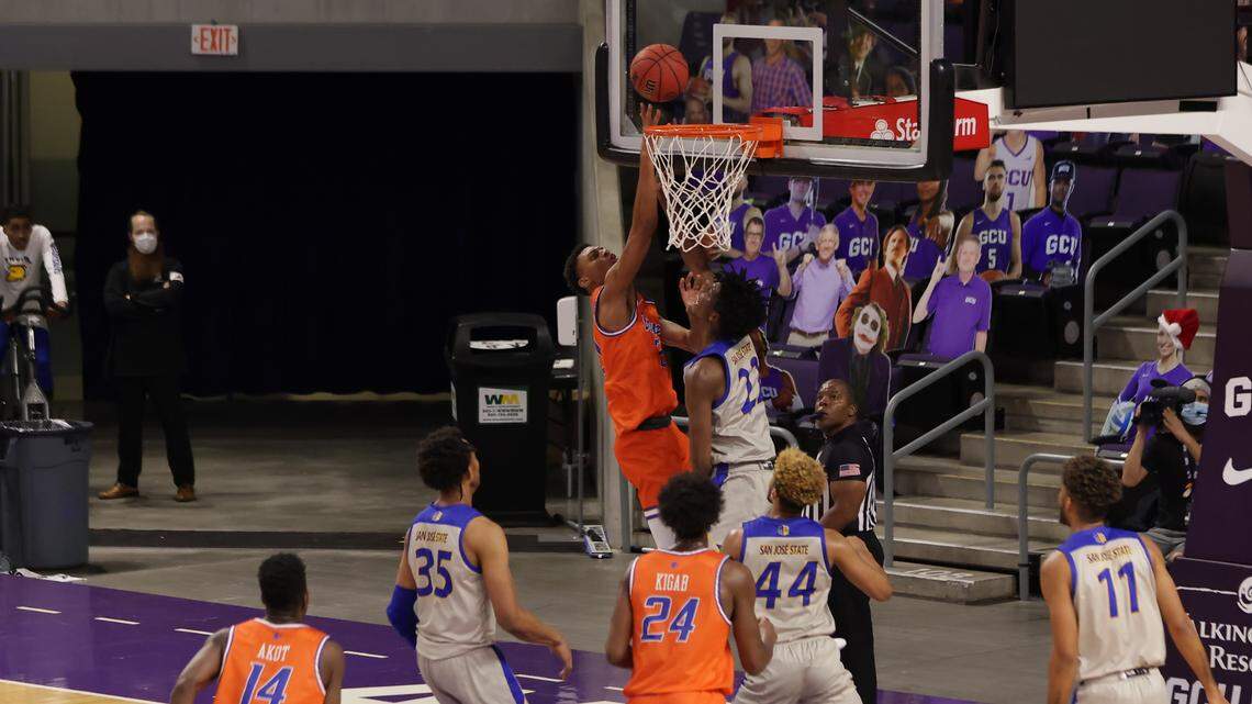 Derrick Alston Jr. scored eight of his 20 points over the final 3:59 as Boise State held off San Jose State 87-86 on Saturday at Grand Canyon University in Phoenix.
