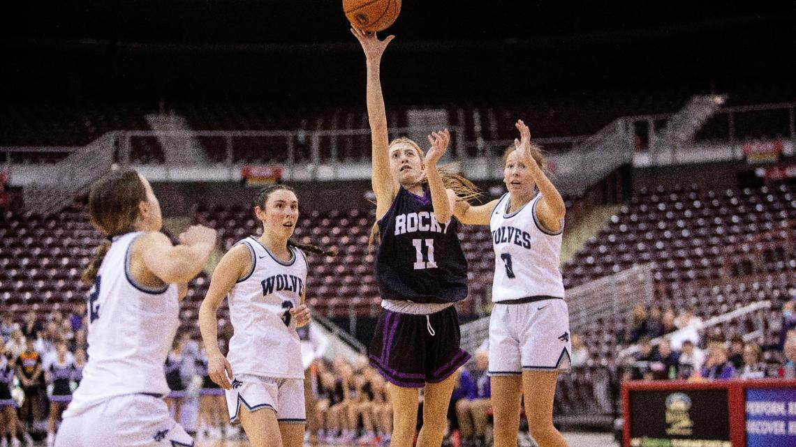 Rocky Mountain sophomore Averee Osterhout sinks a first-half shot in a 44-39 loss to Lake City in the first round of the 5A girls basketball state tournament Thursday at the Ford Idaho Center.