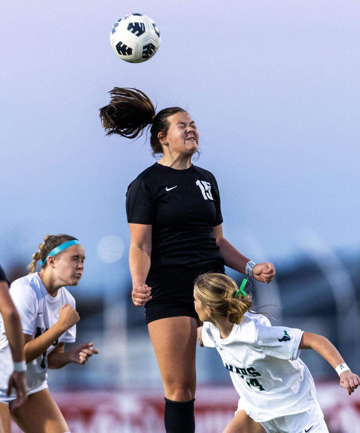 Boise junior Olivia Lamb leaps for a header against Mountain View in the 6A District Three girls soccer championship at Owyhee High School in Meridian, Wednesday, Oct. 15, 2025.