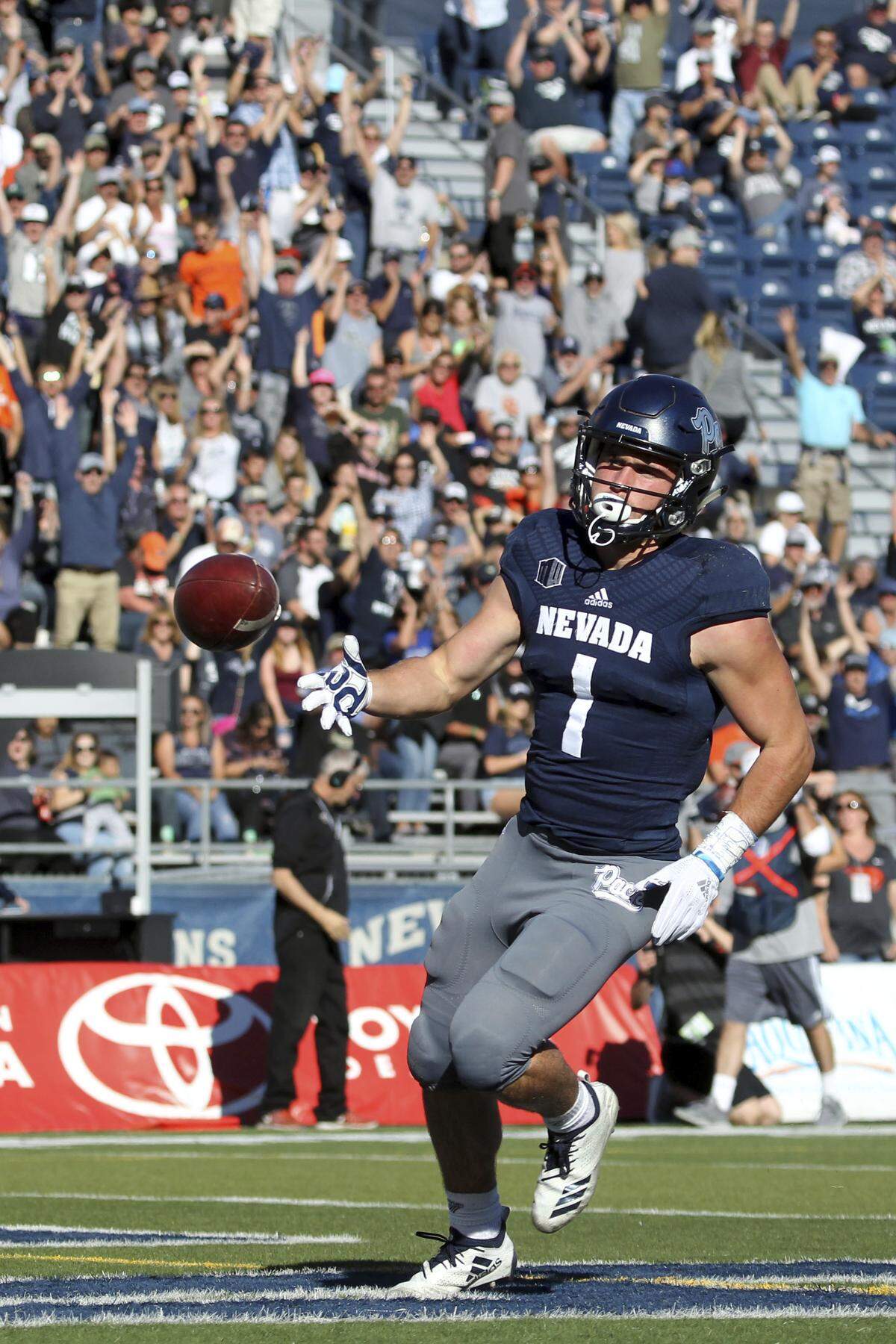 Nevada’s McLane Mannix celebrates his first quarter touchdown pass against Oregon State on Saturday, Sept. 15, 2018, in Reno, Nev.