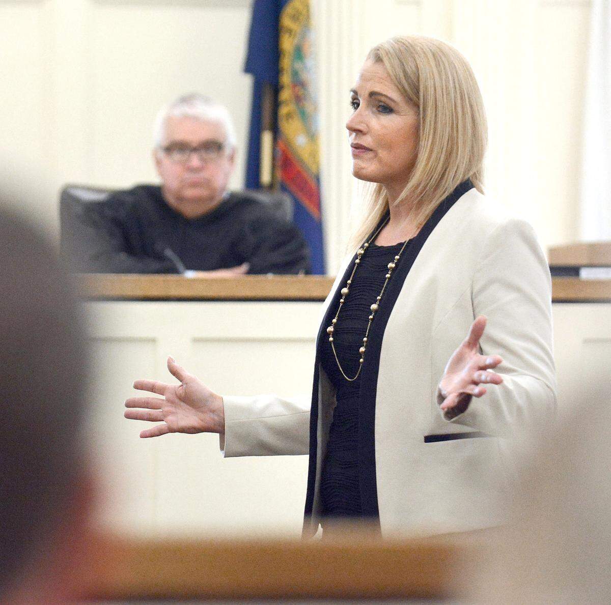 Defense attorney Anne Taylor gives her opening statement in client Joseph Anthony Thomas Jr.’s 2017 murder trial for the killing of his ex-wife in 2011 as 2nd Judicial District Judge Gregory FitzMaurice presides at the Kootenai County Courthouse in Coeur d’Alene.