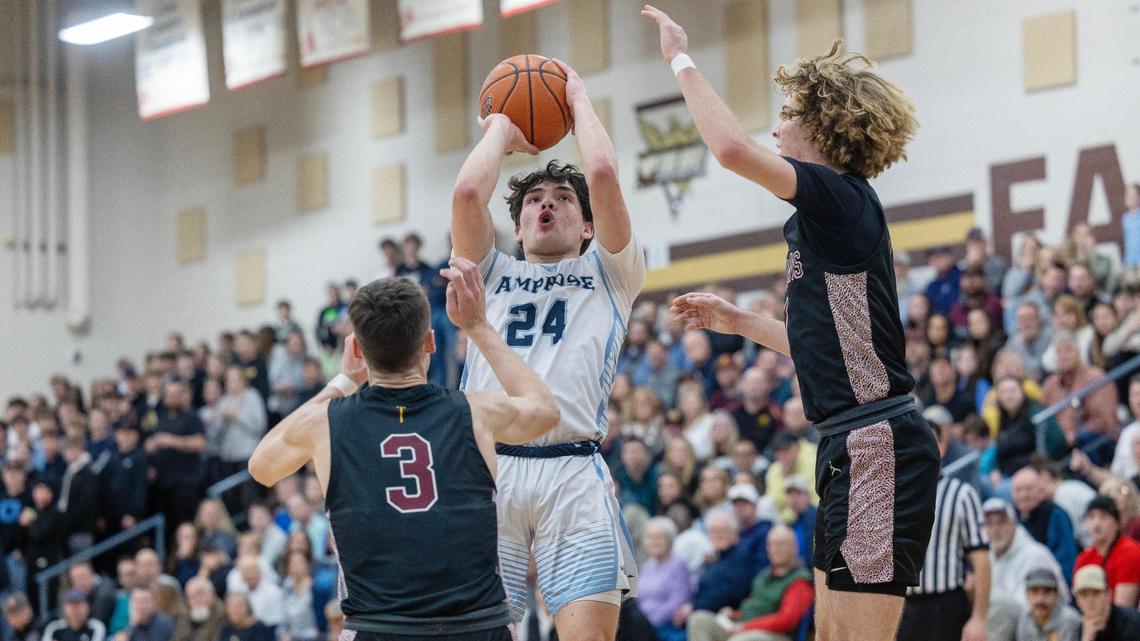 Ambrose junior Tristan Trevino rises for a shot in last week’s 2A District Three Tournament championship game at Vallivue.