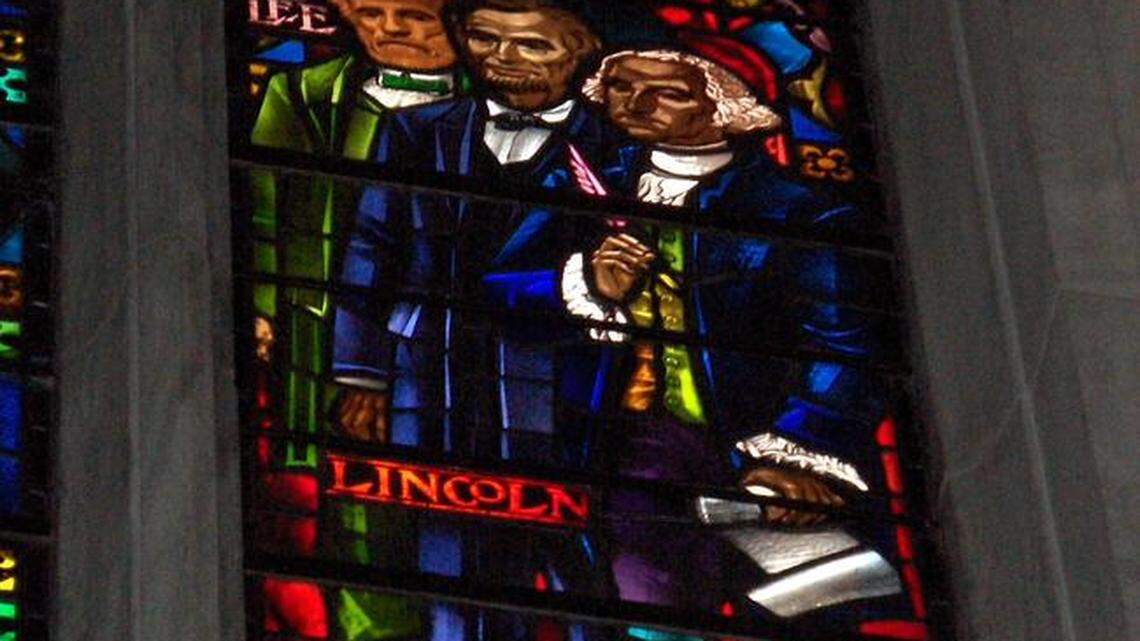 Robert E. Lee, left, is featured in one of the stained glass windows at the Cathedral of the Rockies in Boise. The church is removing the image.