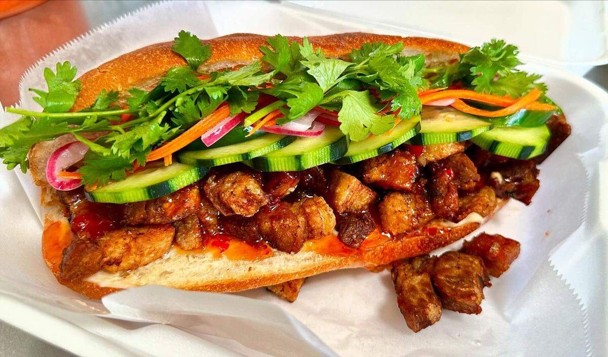 The crispy pork belly banh mi ($15) is the food truck’s top seller, according to a post from Basquenese on social media.
