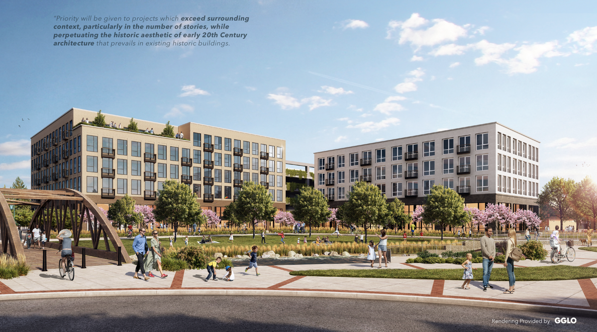 The Creekside development would include two apartment buildings, as well as a large public plaza along Indian Creek. A pedestrian pathway through the space would lead to the Indian Creek plaza across South. 7th Street.
