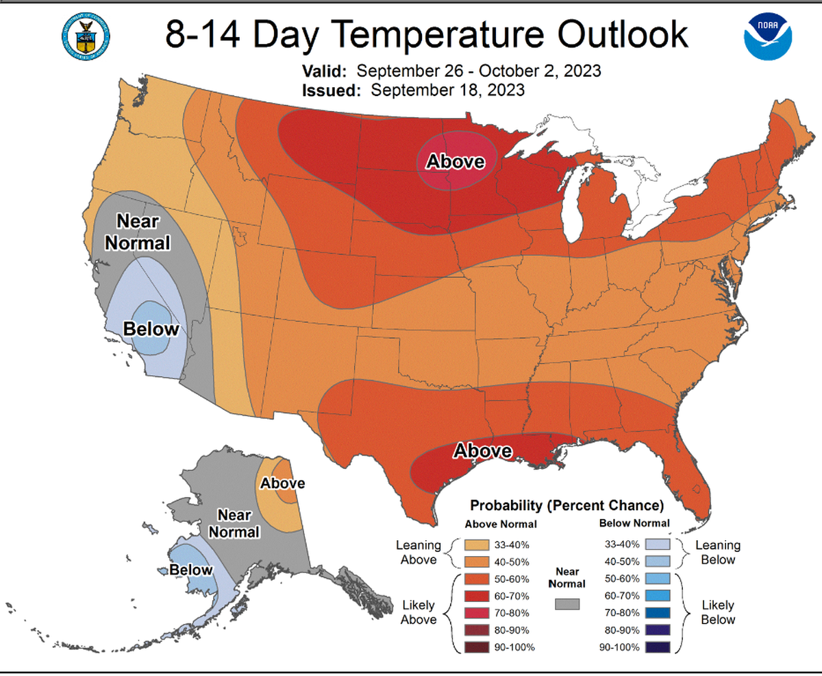 Much of the country, including Boise, will see above-average temperatures to close out September.