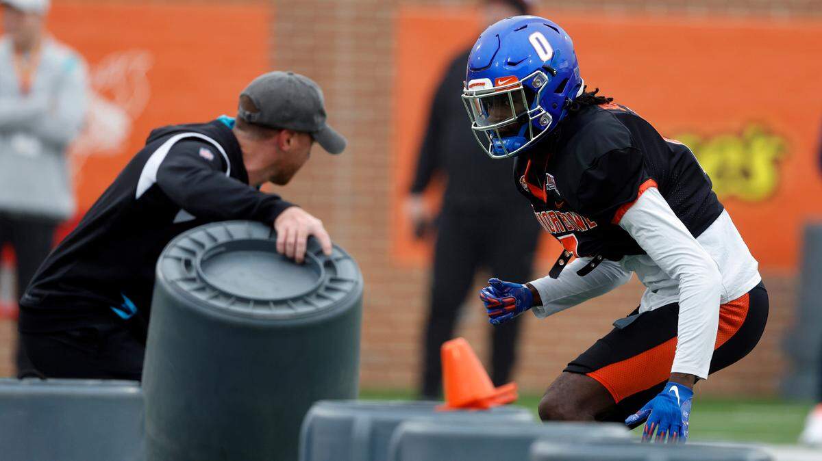 Former Boise State safety JL Skinner runs a drill during Senior Bowl practice in Mobile, Alabama, in February. Skinner was named National Team Practice Player of the Week, but he didn’t play in the all-star game because of a death in his family.