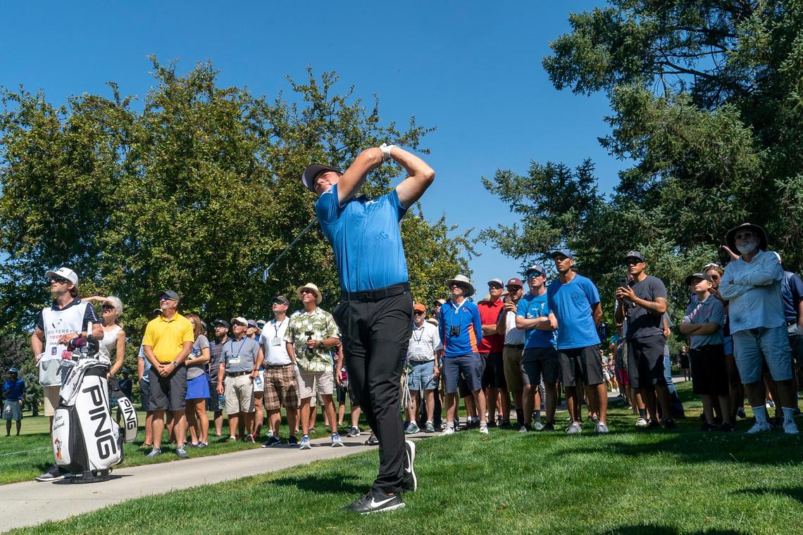 Surrounded by a large gallery, golfer Viktor Hovland hits a shot from the rough on the 2nd hole at Hillcrest Country Club during the final round of the Boise Open in Boise, Idaho. Hovland shot a 3 under to finish tied for second for the tournament. Kyle Green For The Idaho Statesman Sunday August, 25, 2019.