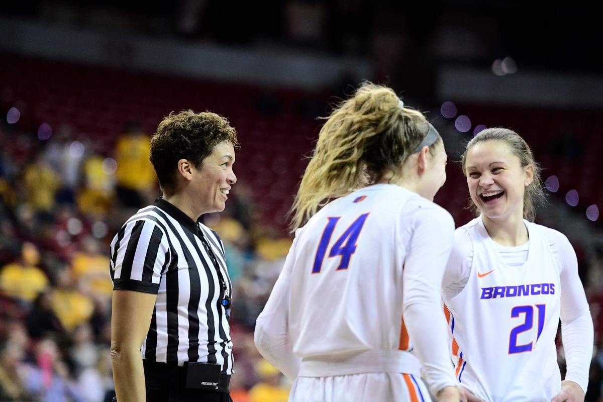 Boise State women’s basketball stars Riley Lupfer, right, and Braydey Hodgins share a happy moment in the 2020 Mountain West Tournament championship game in Las Vegas. They’ll be playing for opposing teams in Germany’s top professional league this fall.