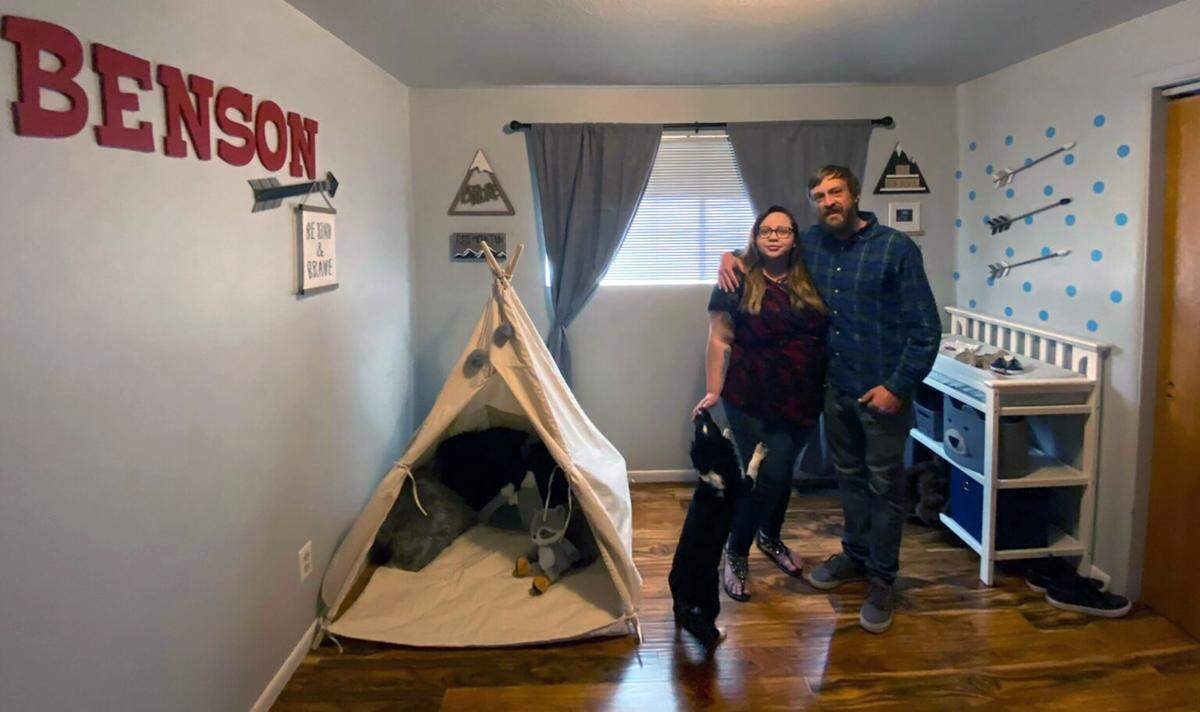 KC Hunt, right, and his fiancée, Alissia, spent five hours preparing and decorating a nursery in their rented Boise Bench home in preparation for their baby boy’s arrival in July. The couple recently received an email from their property management company giving them 30 days to find another place to live.