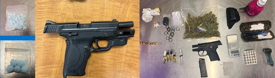 Items from gang-related arrests in 2023 by Caldwell police including drugs and guns.