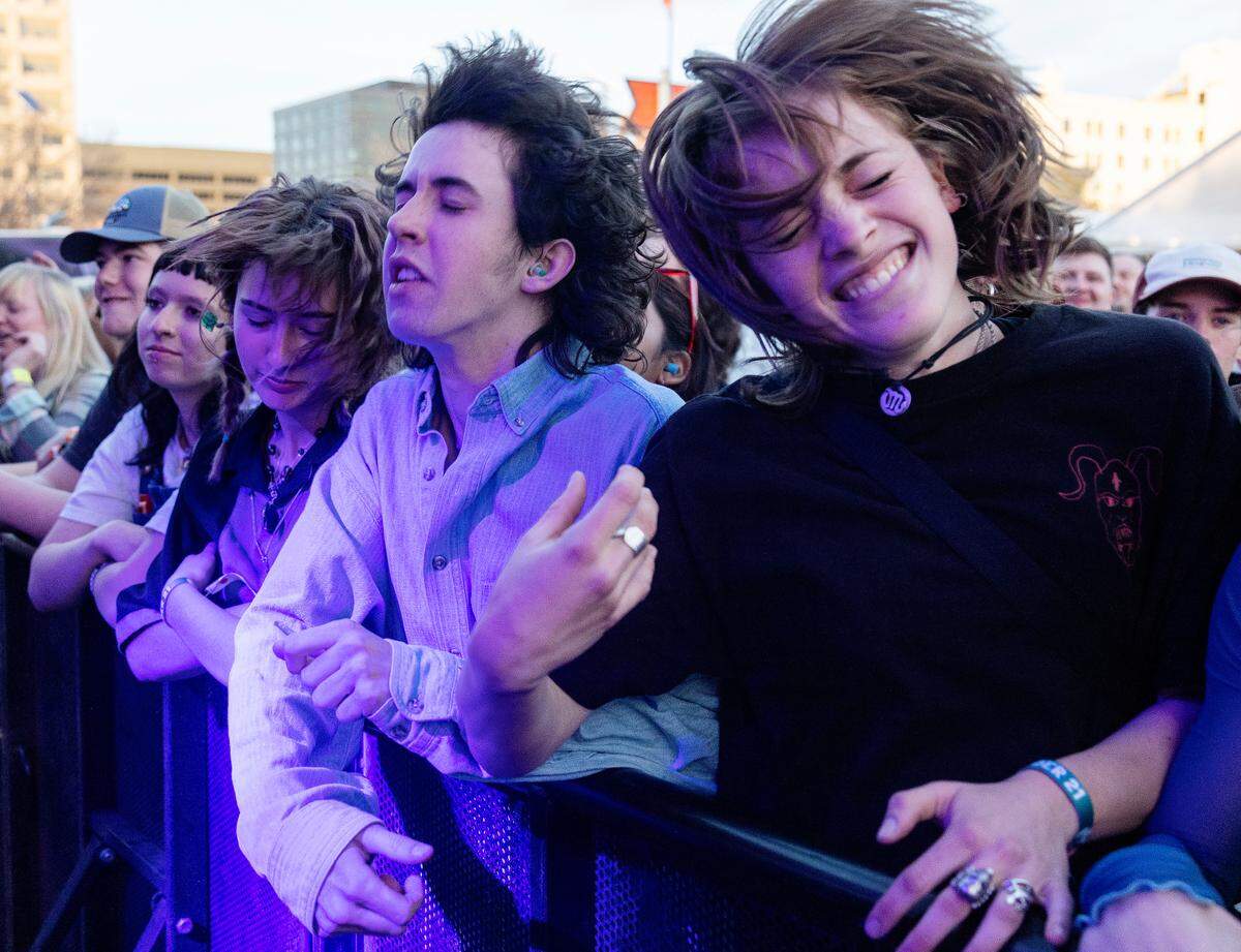 Ben Bingham and Abby Knipe listen to rock band Built to Spill perform on the Main Stage at Treefort last year.