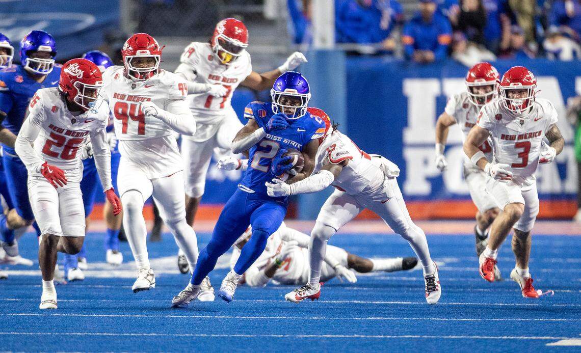 Boise State running back Dylan Riley breaks through the New Mexico defense at Albertsons Stadium last weekend. Riley leads the Broncos in rushing (494 yards) and faces a vulnerable UNLV run defense this weekend.
