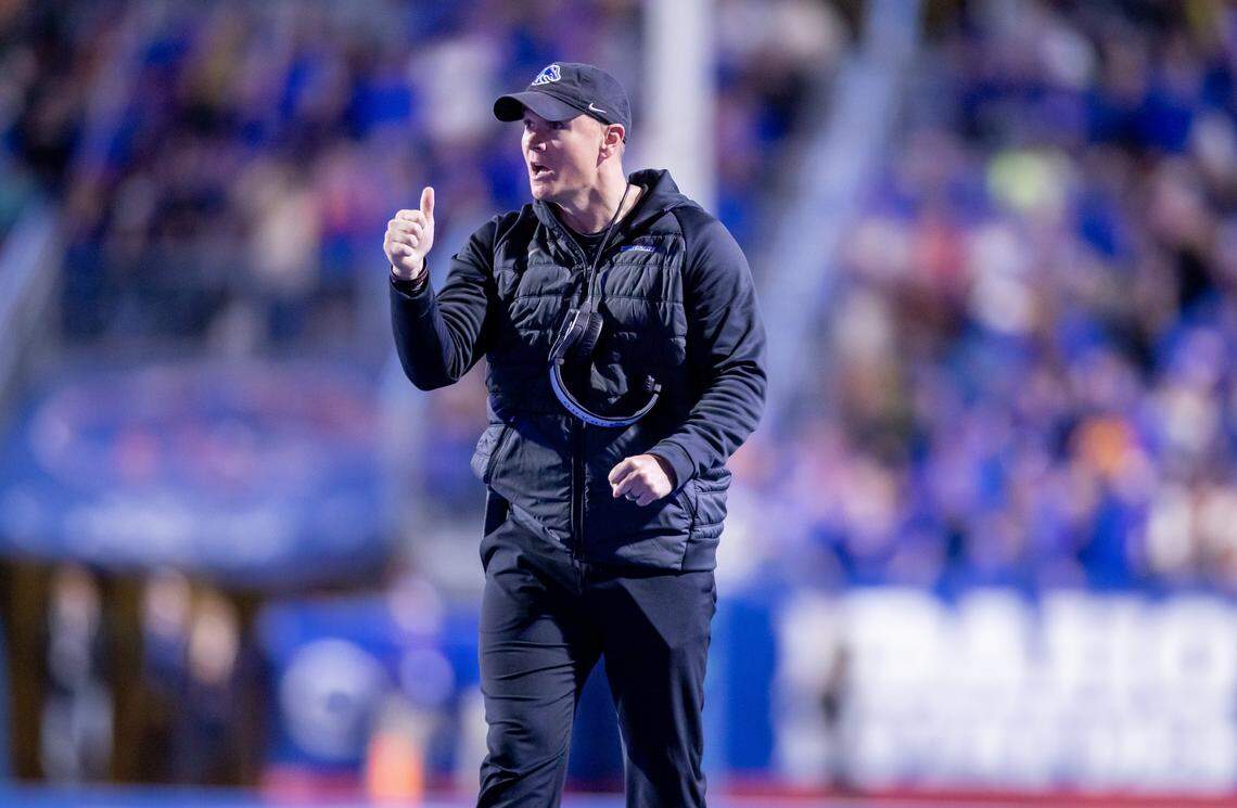 Boise State head coach Spencer Danielson celebrates a second-quarter touchdown that allowed the Broncos to retake the lead.