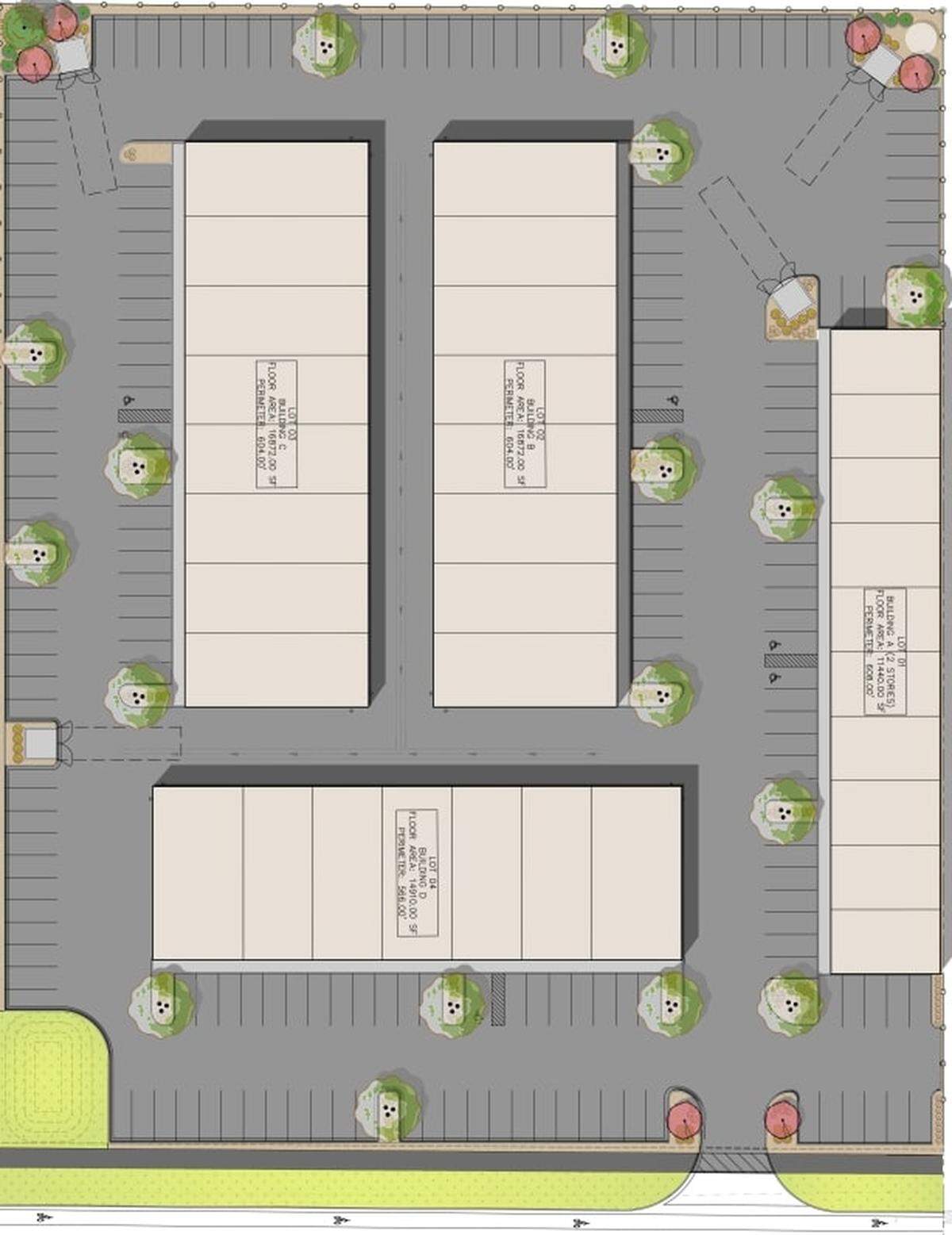 The four buildings would be home to commercial tenants with nearly 200 parking spaces.