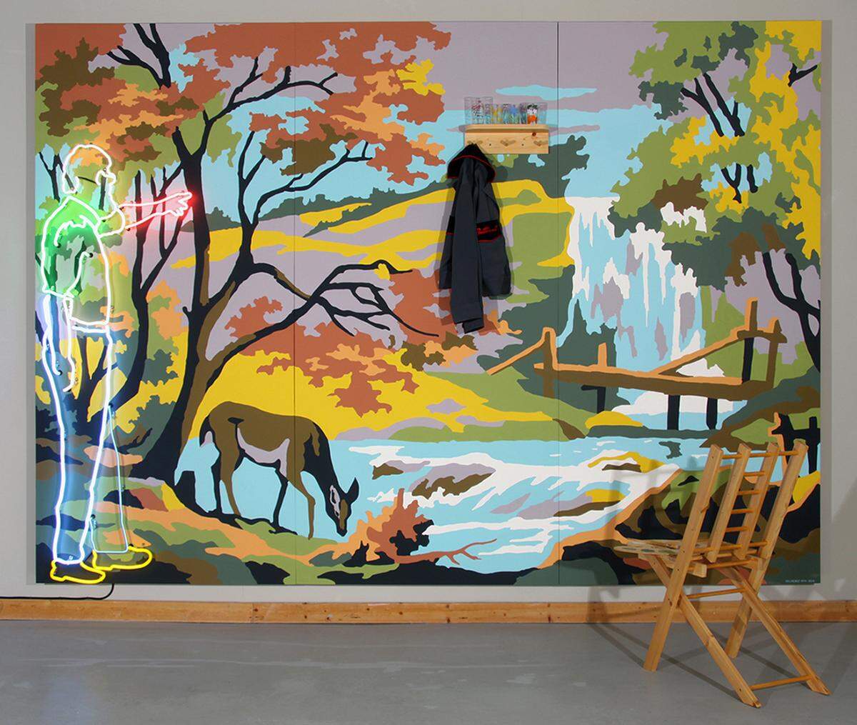 Montana-based artist Willem Volkersz’s wall-sized “Follow Your Bliss,” (1994/2015) neon, paint, wood, and found objects, 103 x 133 x 47½ inches is on display at the Boise Art Museum through Jan. 8, 2023.