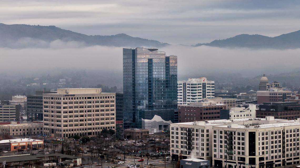 Clouds and light rain cover downtown Boise in January 2025.