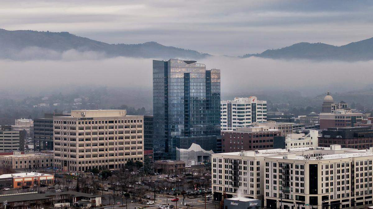Clouds and light rain cover downtown Boise, Friday, Jan. 2, 2025.