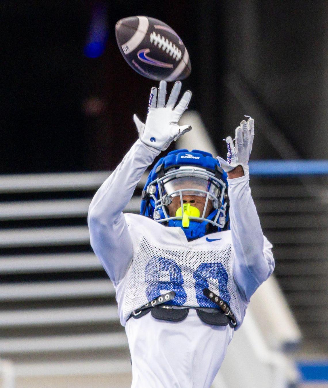 Boise State wide receiver Cameron Bates catches a pass at spring camp, Tuesday, April 8, 2025.