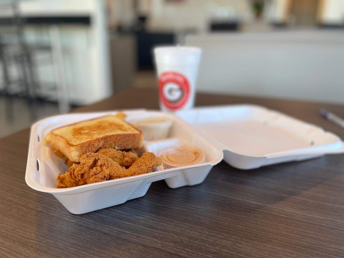The “Original” Box at Guthrie’s costs $12.09 and comes five chicken tenders, fries, slaw, Texas toast, a 20-ounce drink and Guthrie’s sauce.